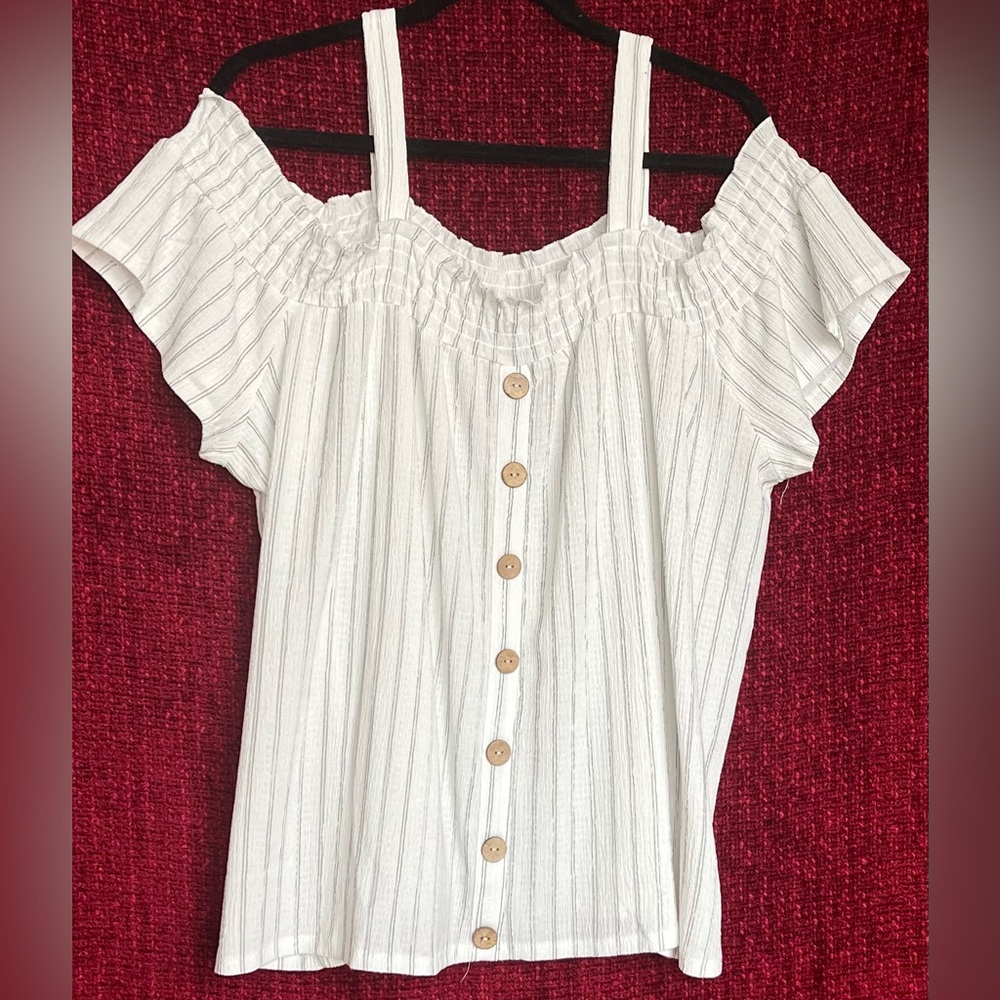 Belle by Belldini Striped Stretch Gauze Cold Shoulder Button Accent Blouse‎ 3X